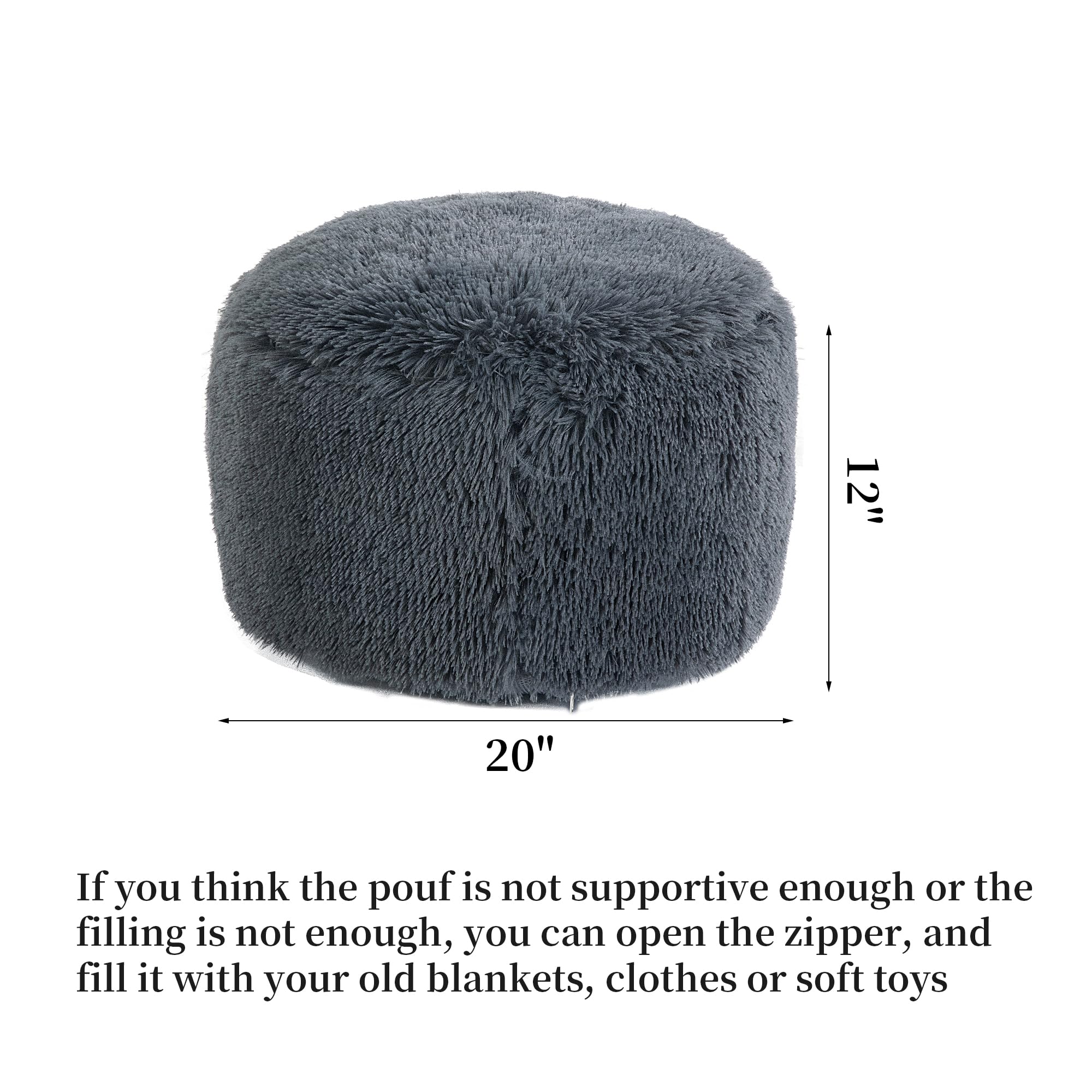 BALAPET Fluffy Pouf Ottoman with Down-Alternative Filling, Stuffed Round Faux Fur Pouf Ottoman Foot Stool, Floor Bean Bag Chair, Foot Rest for Living Room Bedroom, Dark Grey