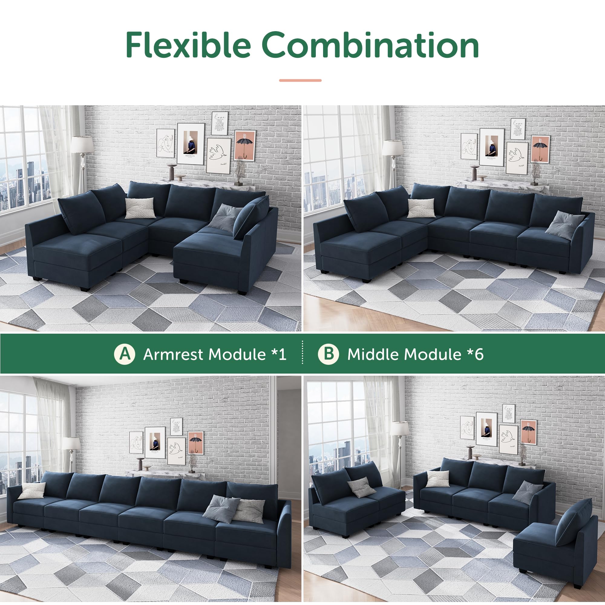 HONBAY Convertible Sectional Sofa Velvet U Shaped Couch with Reversible Chaise Modular Sectional Couch 6 Seater Sofa with Storage Seat, Dark Blue