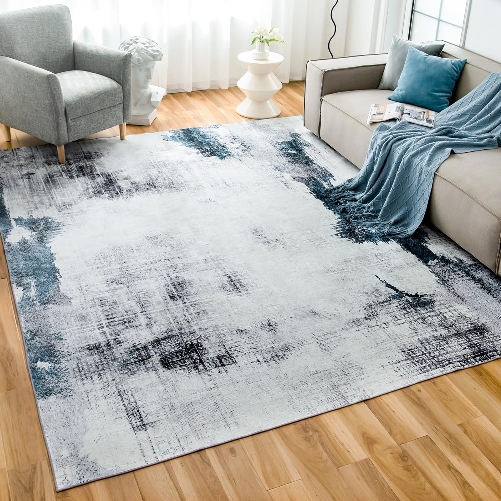 OIGAE Washable Rug 5x7, Abstract Modern Area Rugs with Non-Slip Backing, Non-Shedding Floor Mat Throw Carpet for Living Room Bedroom Kitchen Laundry Home Office, White/Blue