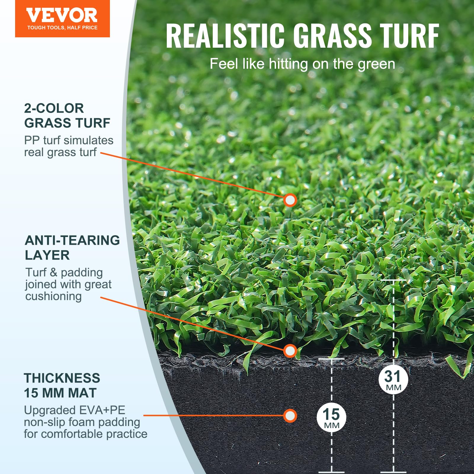 VEVOR Artificial Turf Golf Hitting Mat, 5x5ft - Includes 3 Rubber Tees, Indoor/Outdoor Practice Mat