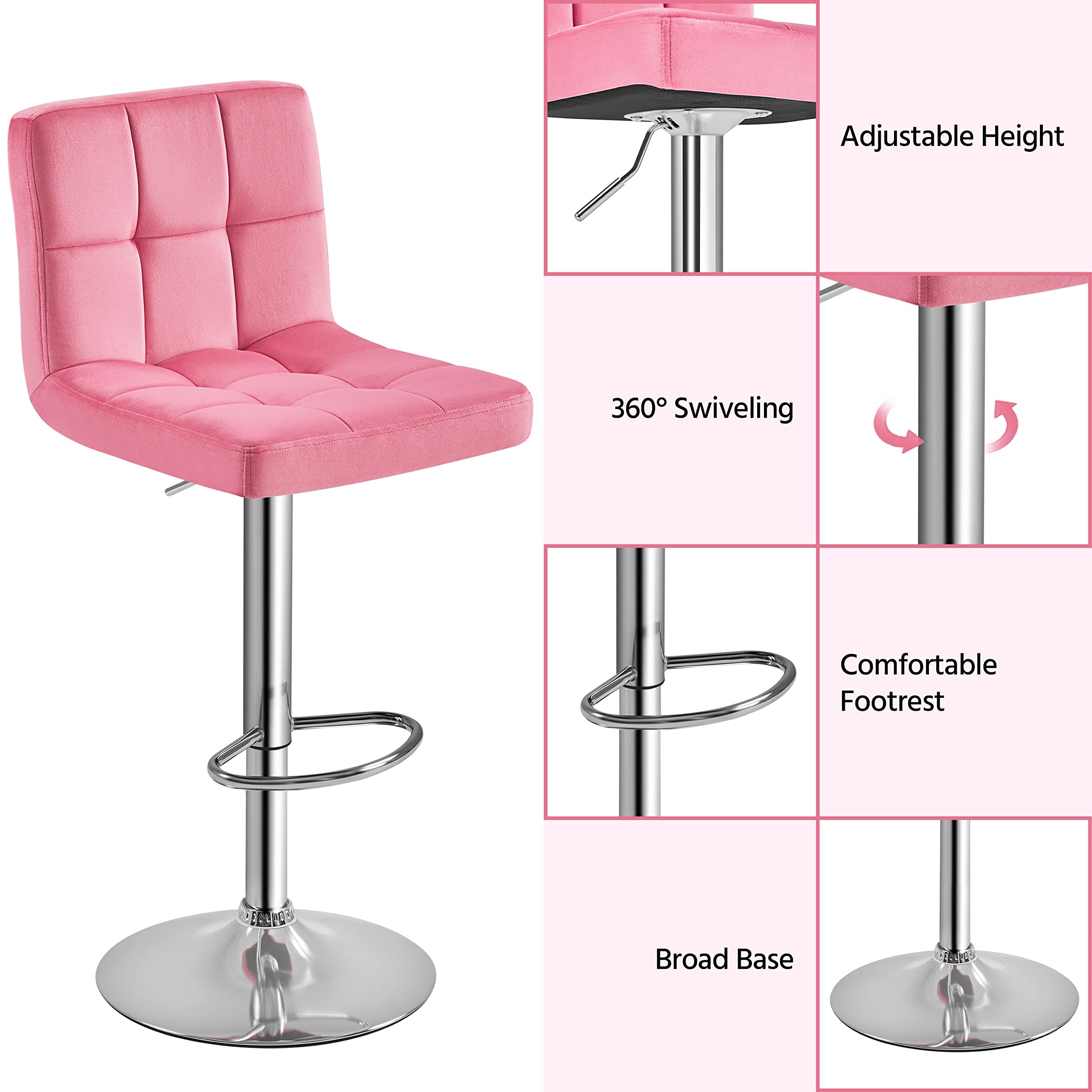 Yaheetech X-Large Velvet Bar Stools Adjustable Counter Height Swivel Stool Armless Chairs Set of 4 with Bigger Base, Velvet, Pink