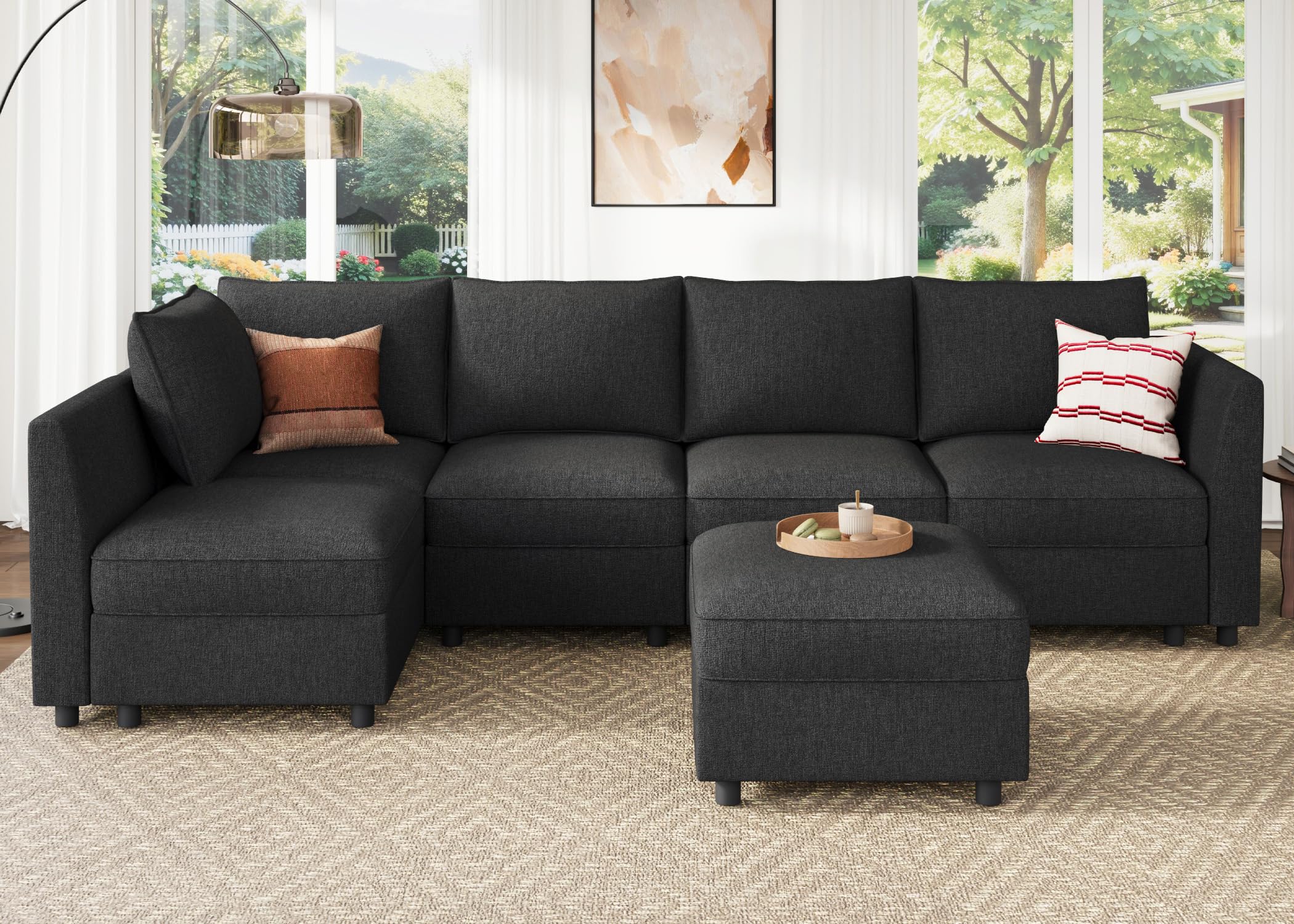 HONBAY Modular Sectional Couch L Shaped Sectional Sofa with Storage, Convertible Couches for Living Room - Linen Grey