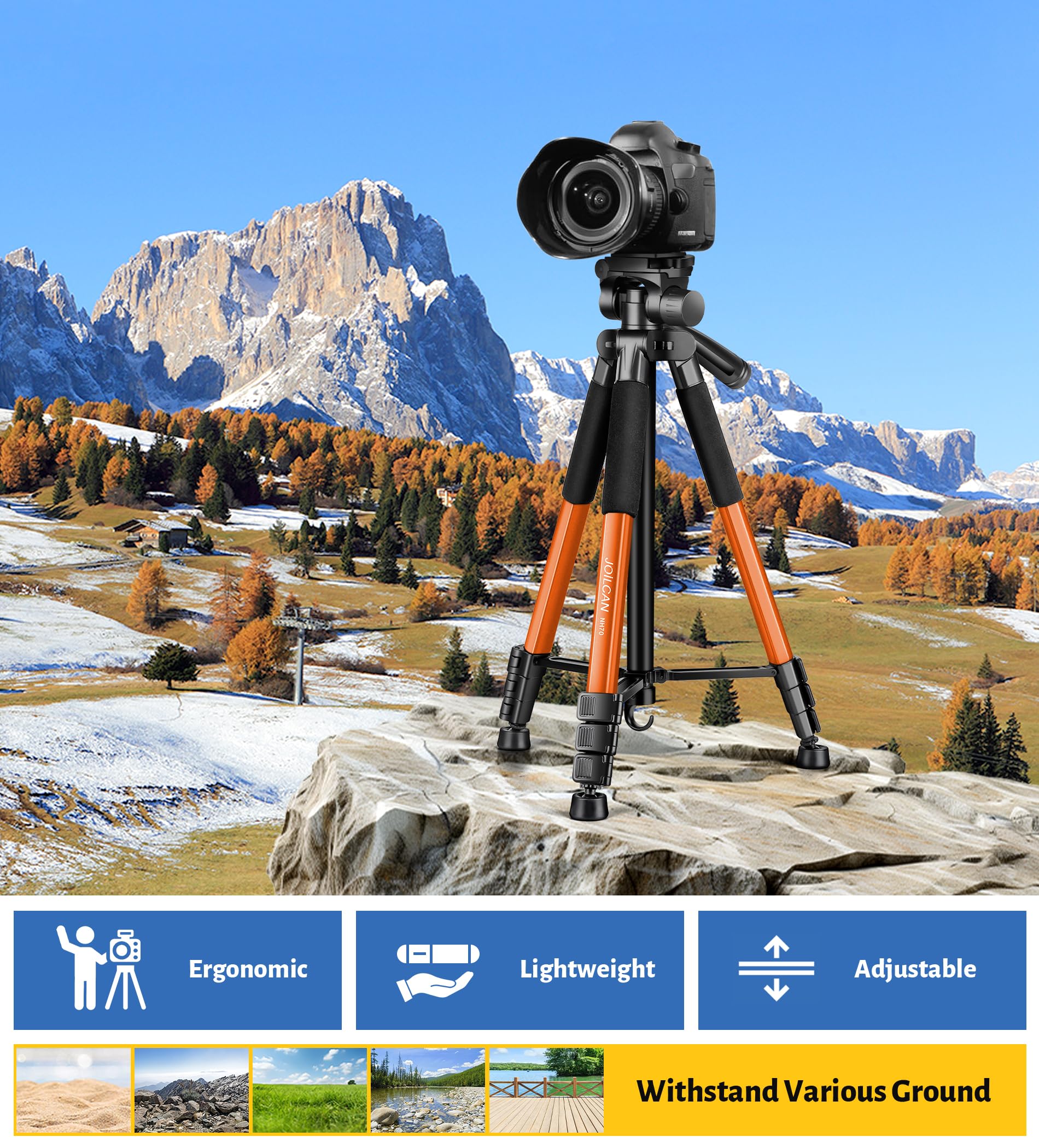 JOILCAN Tripod for Camera, Camera Tripod 67" Heavy Duty Tripod, Phone Tripod for Video Recording Photo Vlog, Aluminum Camera Tripods with Holder & Travel Bag for Camera DSLR iPhone Projector Laser