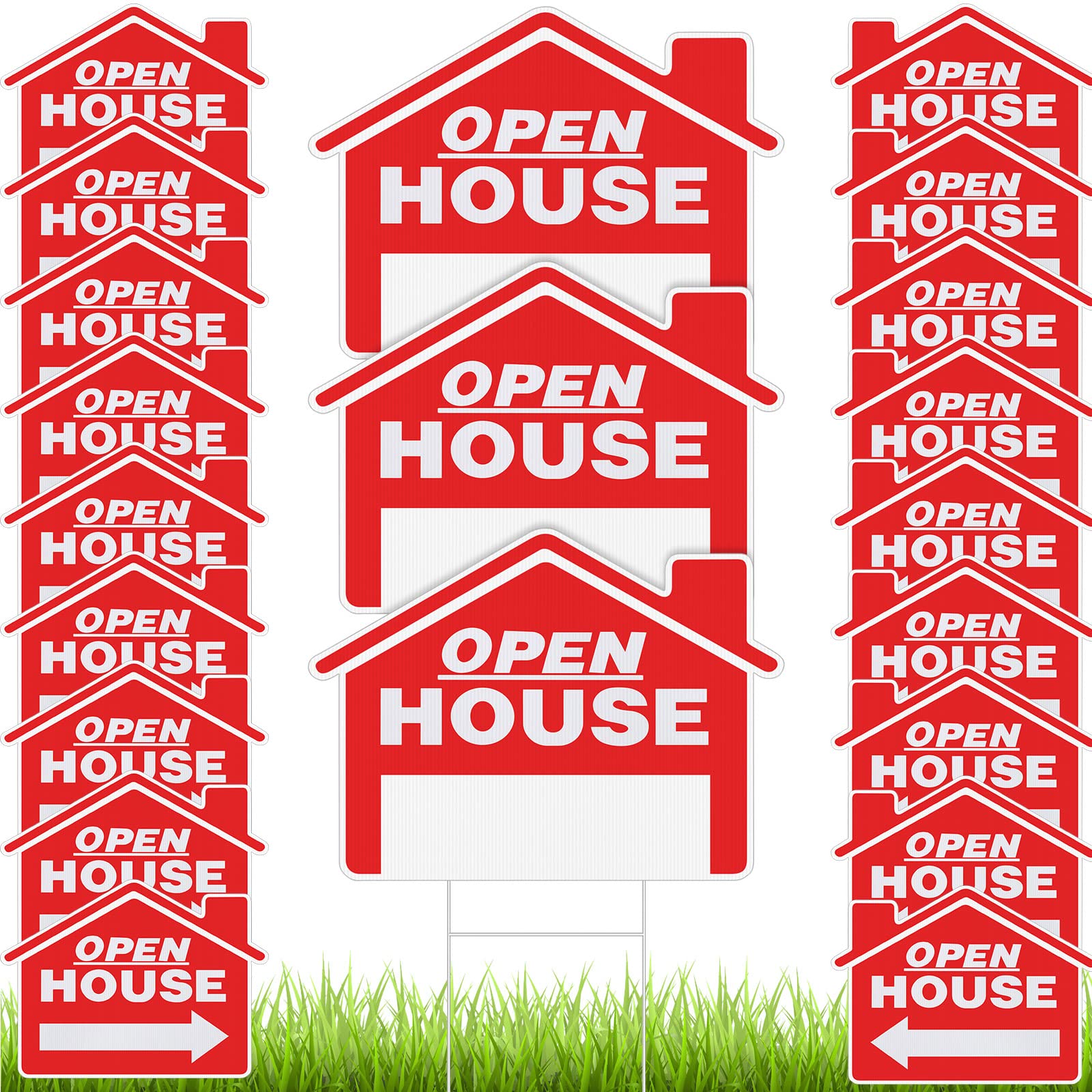 Pinkunn 21 Pack Open House Signs for Real Estate Double Sided Estate Sale Signs with Metal H Stakes 12 x 16'' Weather Proof Open House with Directional Arrows for Yard(Red)