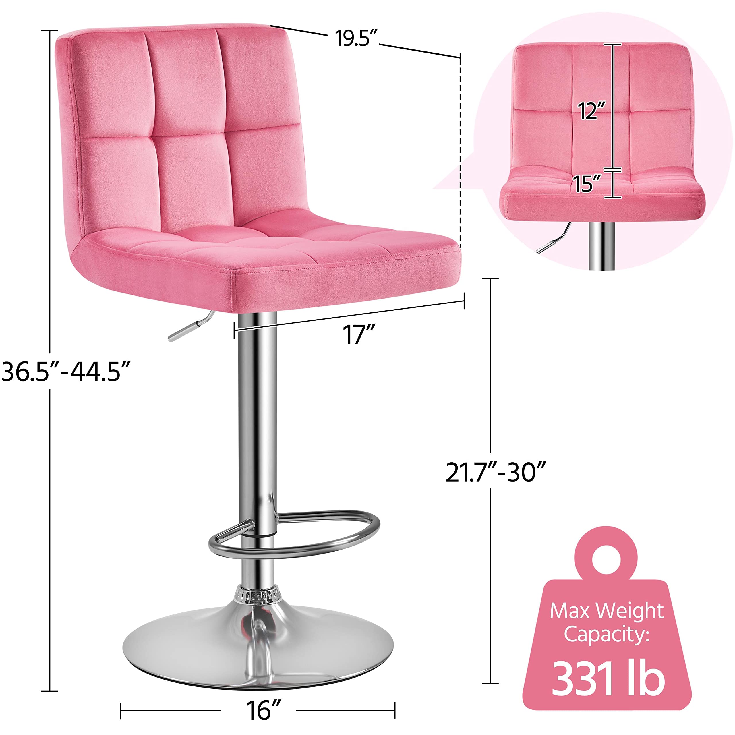 Yaheetech X-Large Velvet Bar Stools Adjustable Counter Height Swivel Stool Armless Chairs Set of 4 with Bigger Base, Velvet, Pink