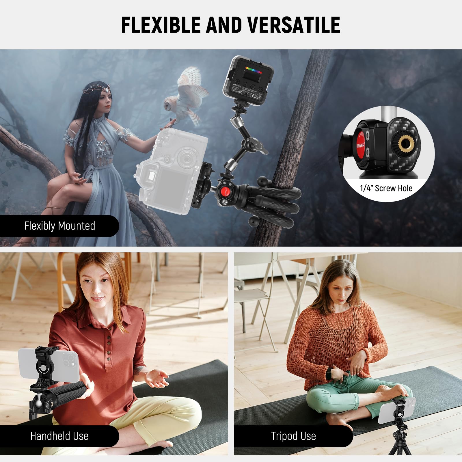 NEEWER Flexible Tripod with Remote, Mini Camera Phone Tripod Stand Vlog Selfie Stick with Phone Holder & Action Camera Adapter Compatible with GoPro Insta360 iPhone Samsung, Digital Camera, TP34