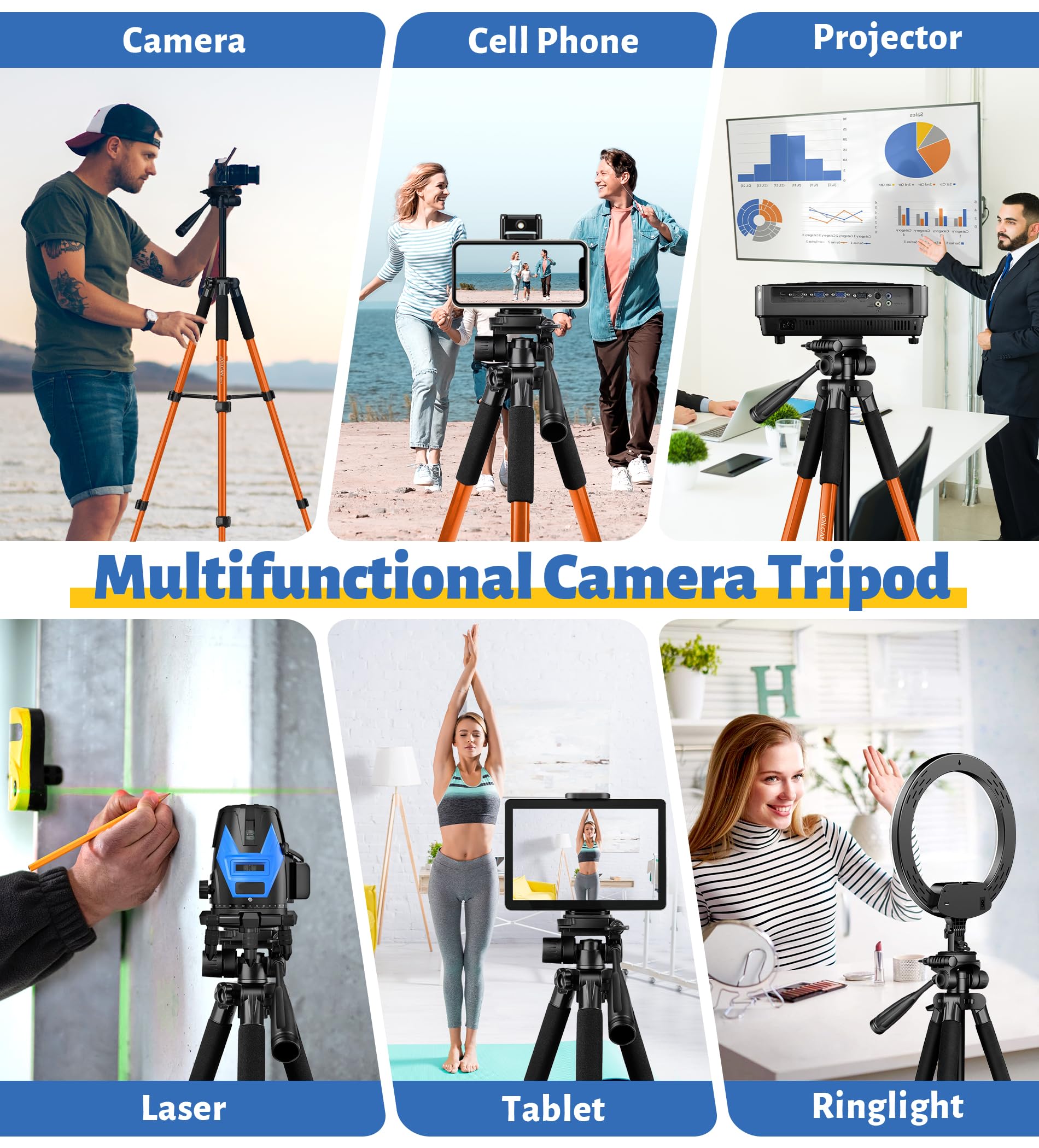 JOILCAN Tripod for Camera, Camera Tripod 67" Heavy Duty Tripod, Phone Tripod for Video Recording Photo Vlog, Aluminum Camera Tripods with Holder & Travel Bag for Camera DSLR iPhone Projector Laser