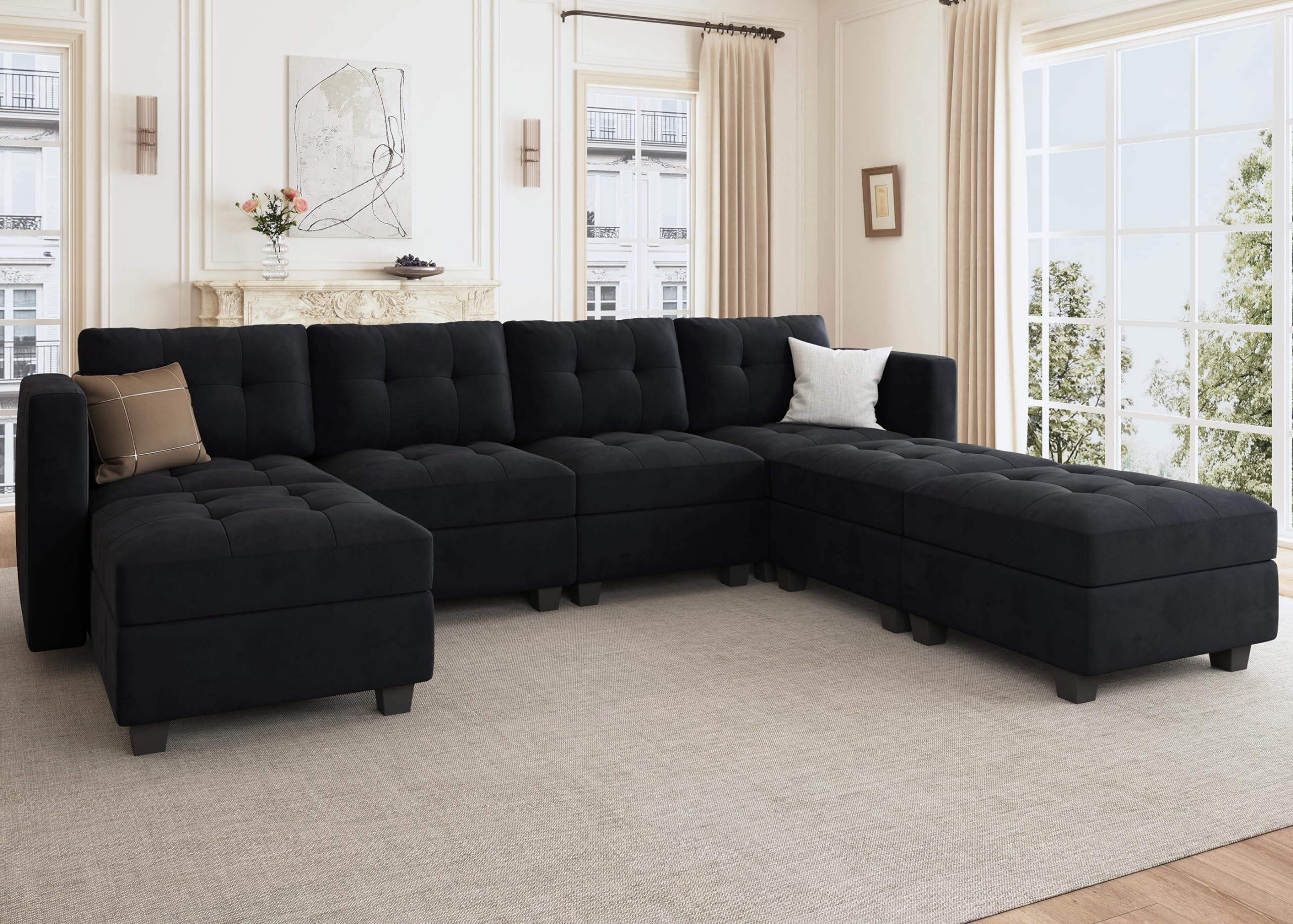 HONBAY Modular Sectional Sofa Oversized U Shaped Couch with Storage Seat Velvet 7 Seater Modular Sofa with Reversible Chaises, Black