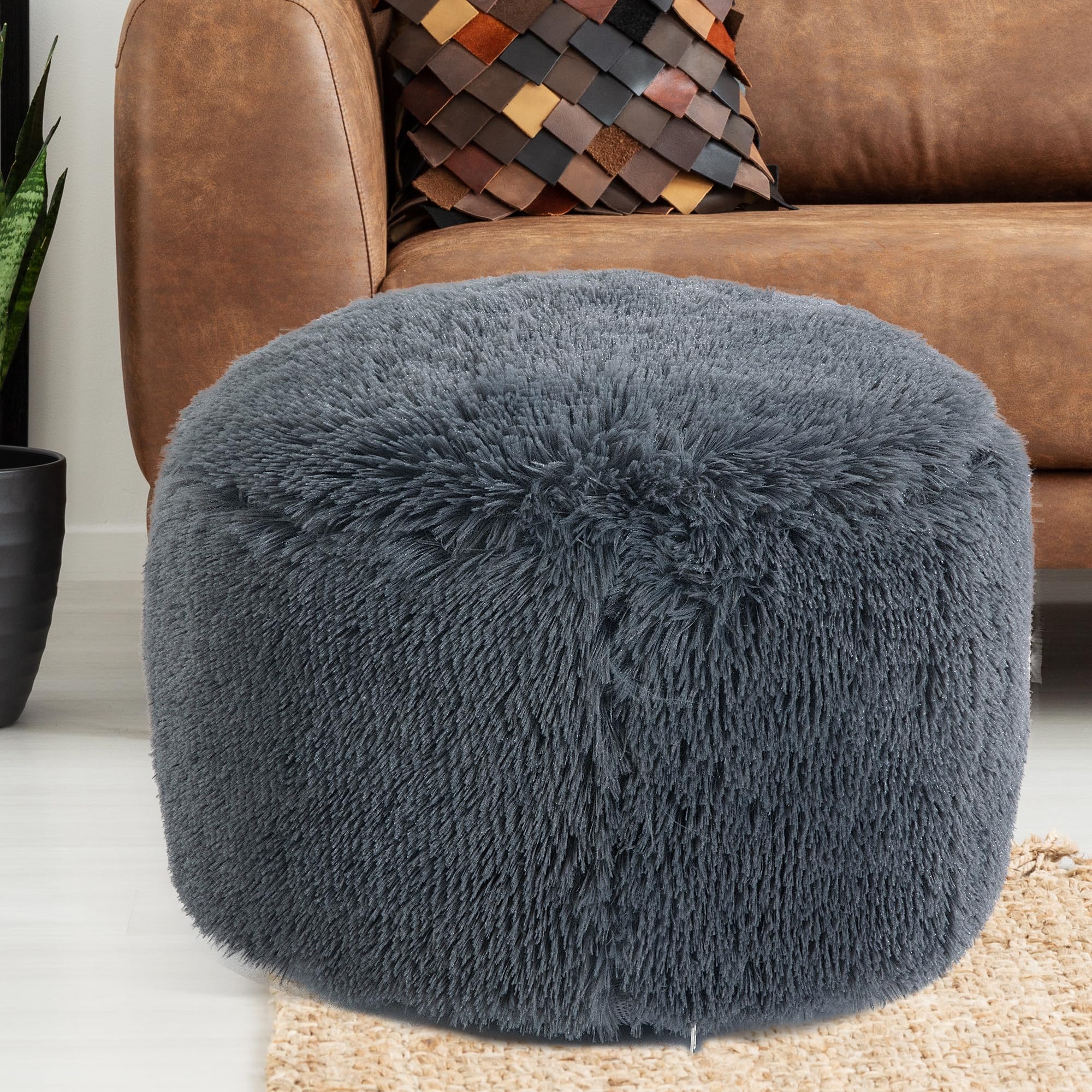 BALAPET Fluffy Pouf Ottoman with Down-Alternative Filling, Stuffed Round Faux Fur Pouf Ottoman Foot Stool, Floor Bean Bag Chair, Foot Rest for Living Room Bedroom, Dark Grey