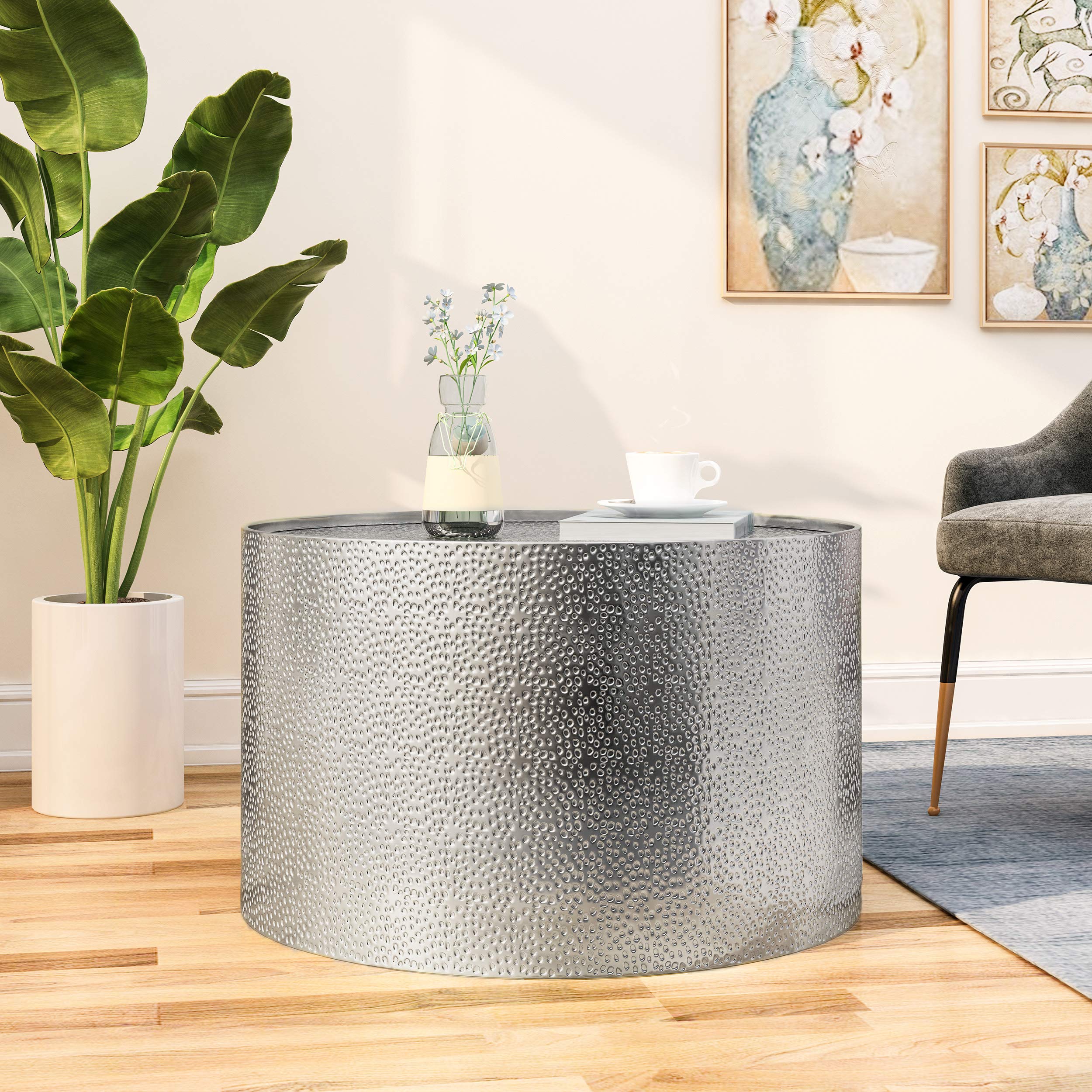 Christopher Knight Home Rache Modern Round Coffee Table with Hammered Iron, Silver, 26. 00” L x 26. 00” W x 17. 25” H