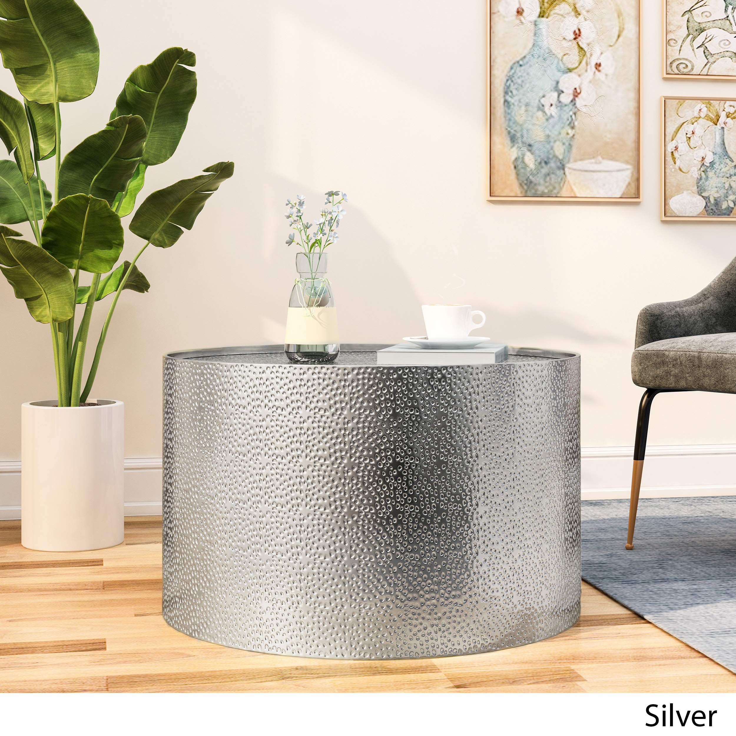 Christopher Knight Home Rache Modern Round Coffee Table with Hammered Iron, Silver, 26. 00” L x 26. 00” W x 17. 25” H