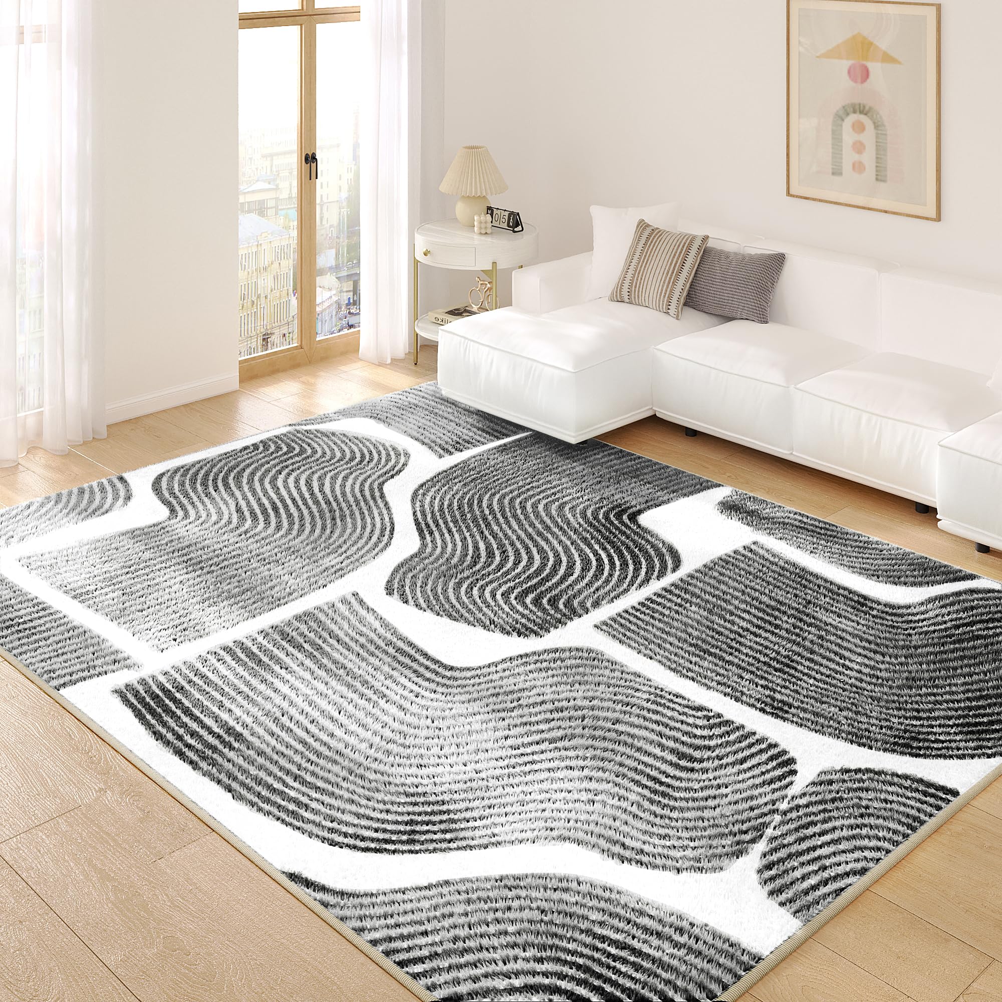 ODIKA Ultra Soft Area Rug 8x10, Non Slip, Stain Resistant Living Room Rug, Washable Area Rugs for Living Room, Rugs for Bedroom, Modern Abstract Style (Black, 8x10)