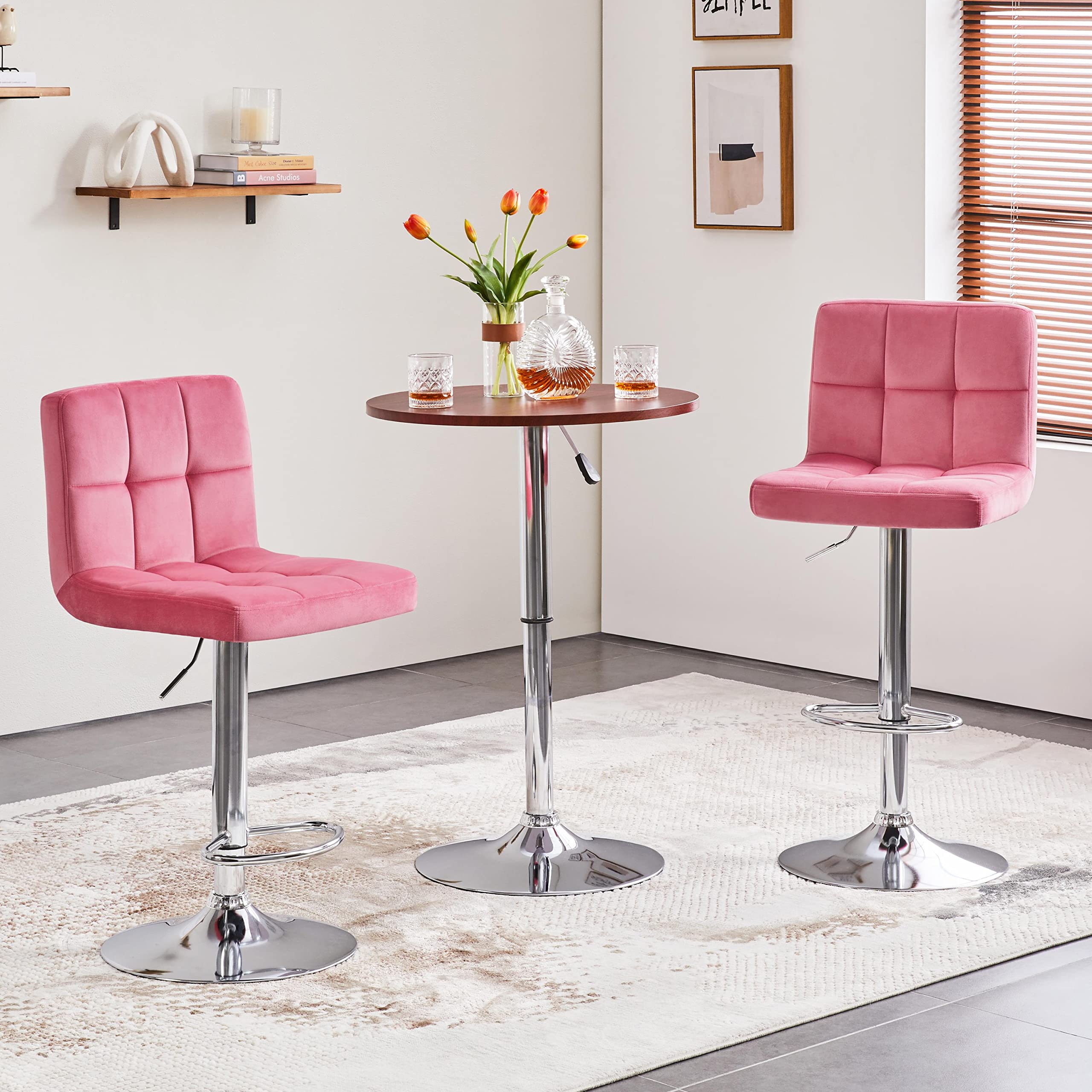 Yaheetech X-Large Velvet Bar Stools Adjustable Counter Height Swivel Stool Armless Chairs Set of 4 with Bigger Base, Velvet, Pink