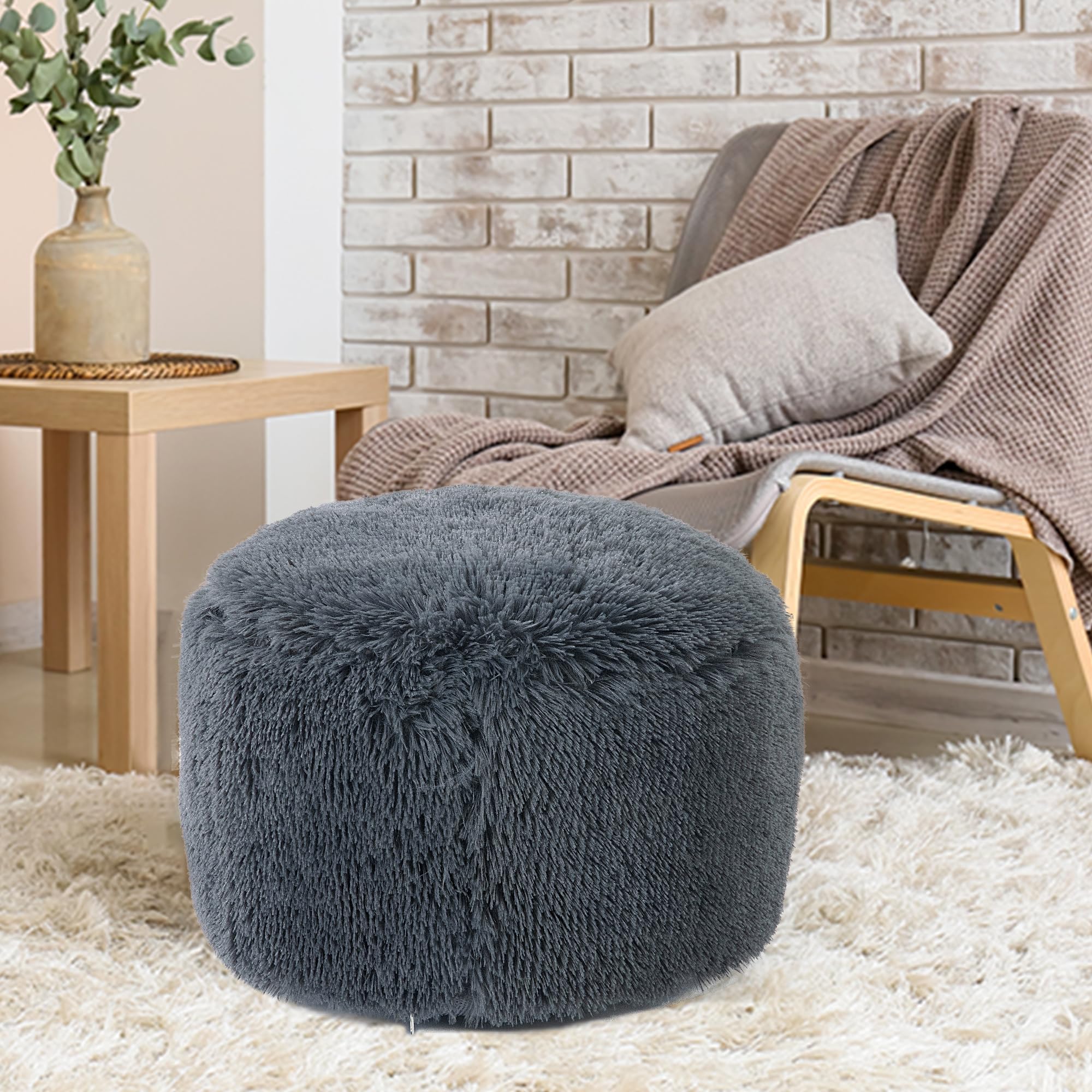 BALAPET Fluffy Pouf Ottoman with Down-Alternative Filling, Stuffed Round Faux Fur Pouf Ottoman Foot Stool, Floor Bean Bag Chair, Foot Rest for Living Room Bedroom, Dark Grey