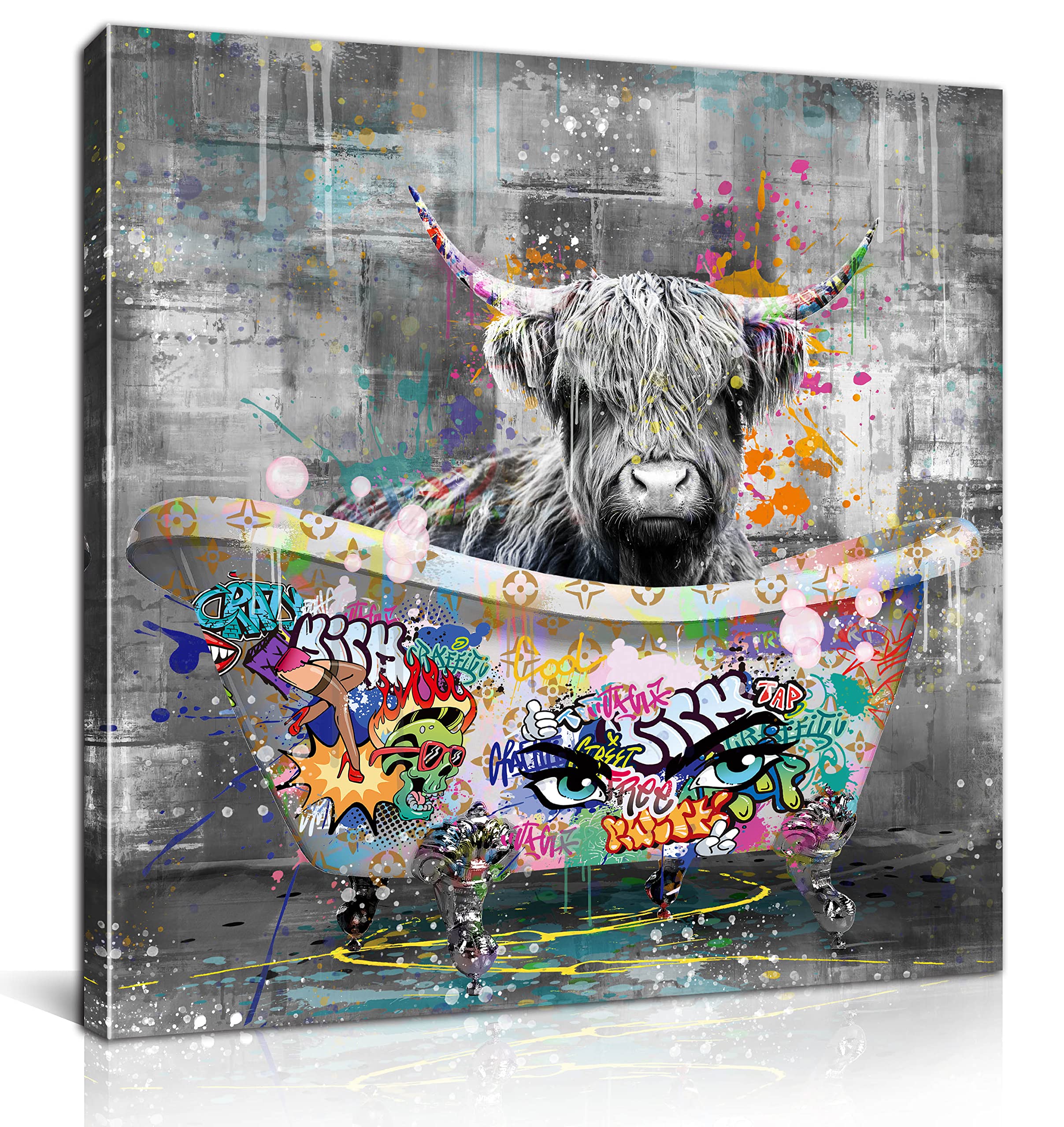 Kepgonegu Highland Cow Bathroom Wall Art Funny Graffiti Canvas Wall Art Black and White Wall Art Ready to Hang Size 14”W x 14”H