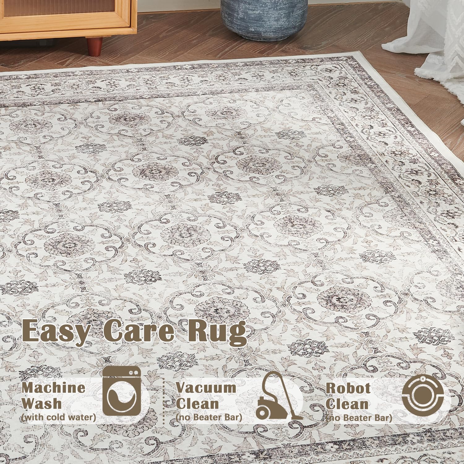 jinchan Washable Area Rug 8x10 Low Pile Faux Wool Living Room Rug Soft Vintage Taupe Floral Print Stain Resistant Ultra-Thin Non-Slip Large Indoor Distressed Boho Carpet Bedroom Dining Room Farmhouse