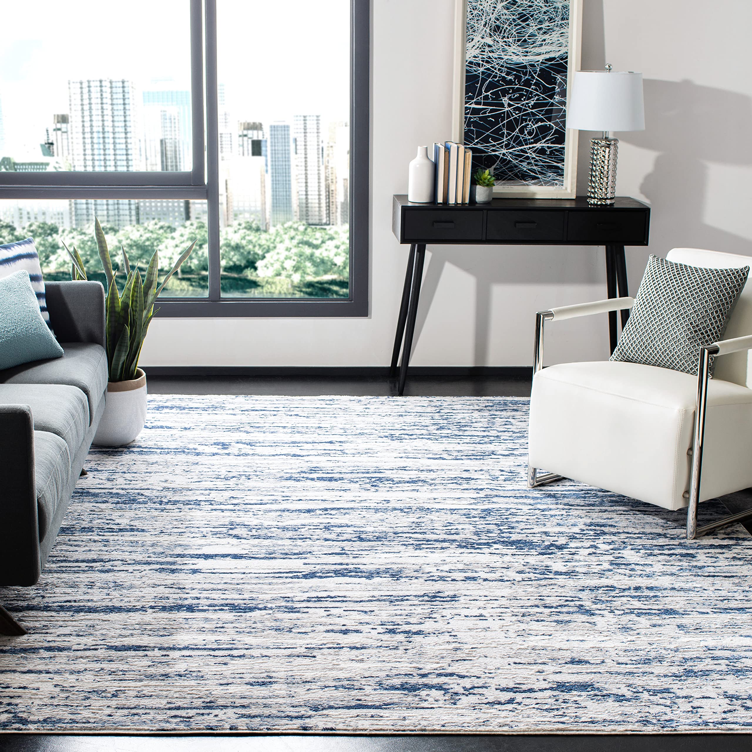 SAFAVIEH Amelia Collection Area Rug - 8' x 10', Grey & Navy, Modern Abstract Design, Non-Shedding & Easy Care, Ideal for High Traffic Areas in Living Room, Bedroom (ALA768B)