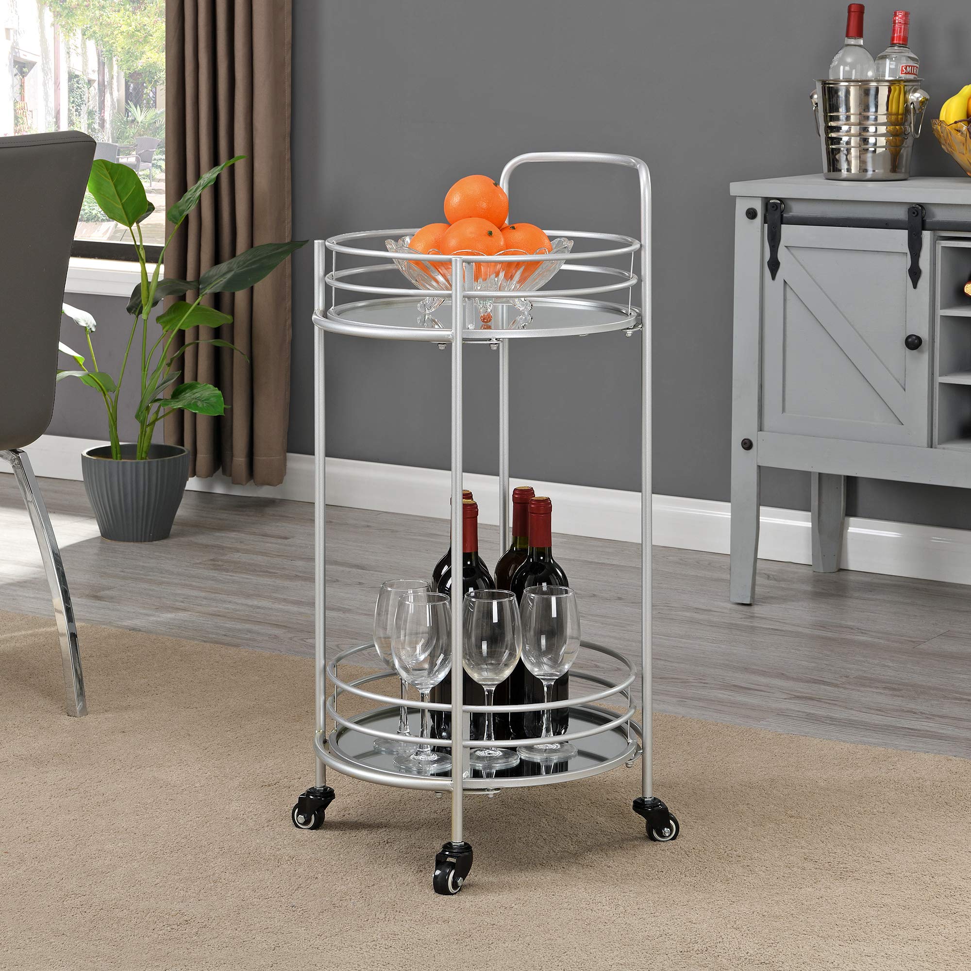 FirsTime & Co. Silver Joliet Round Bar Cart, American Designed, Silver, 16 x 16 x 33.5 inches, 16 inches, Silver & Mirror (70274)