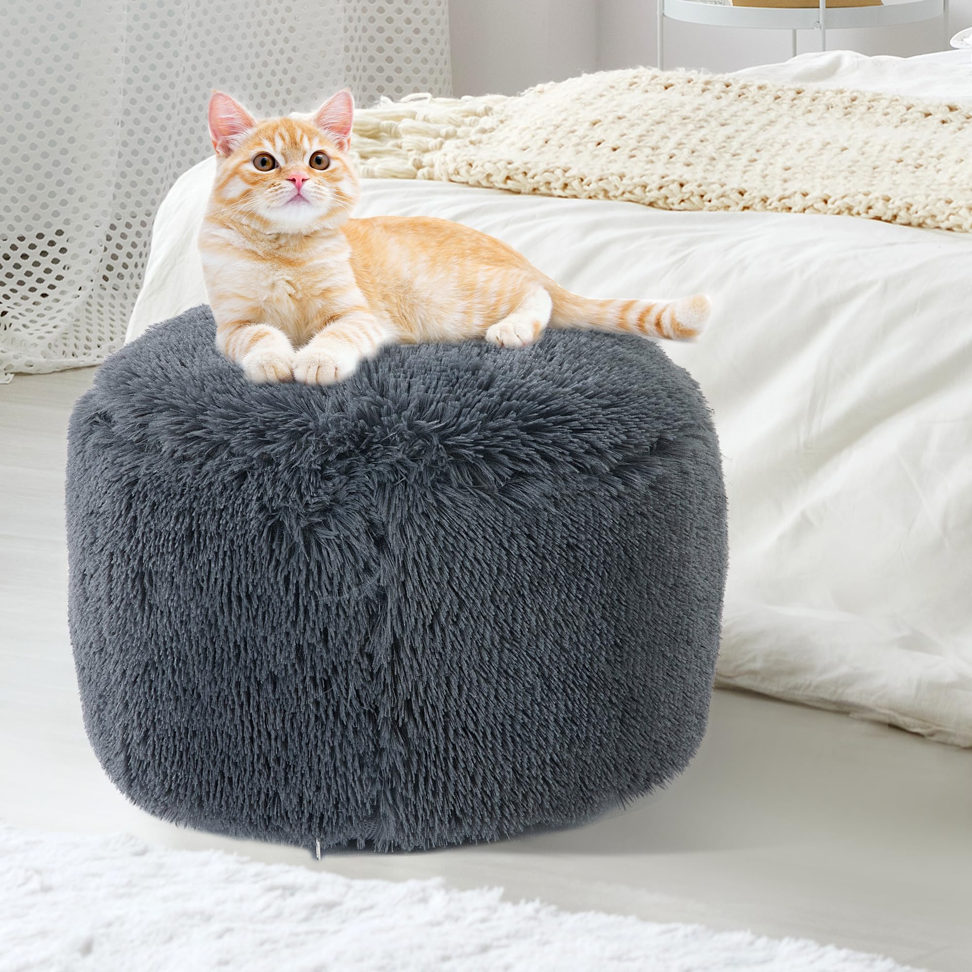 BALAPET Fluffy Pouf Ottoman with Down-Alternative Filling, Stuffed Round Faux Fur Pouf Ottoman Foot Stool, Floor Bean Bag Chair, Foot Rest for Living Room Bedroom, Dark Grey