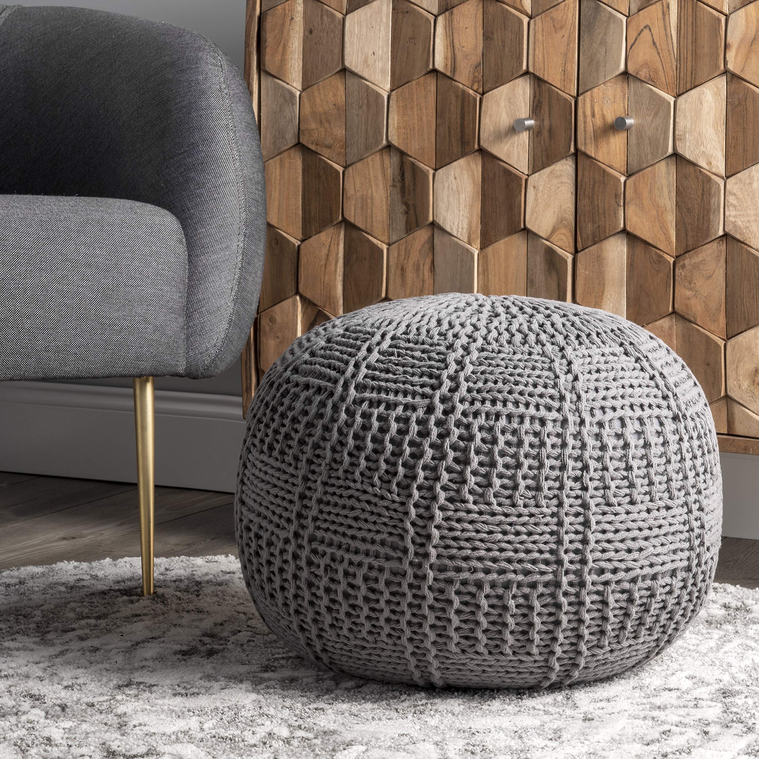 nuLOOM Berlin Casual Knitted Filled Ottoman Pouf 14" x 20" x 20" Grey